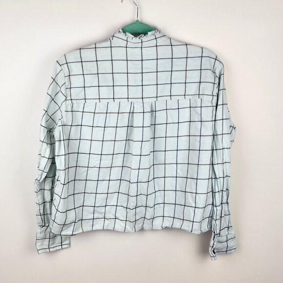 Everlane Windowpane Ruffle Neck Boxy Flannel Button Up Shirt Mint Blue sz S - Picture 2 of 10